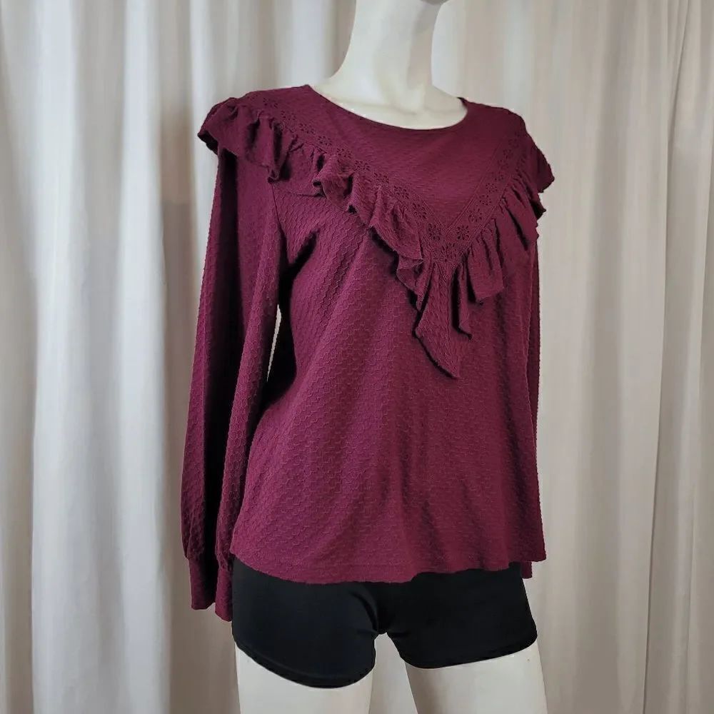 J crew womens Sz Small burgundy ruffle trim honeycomb blouse